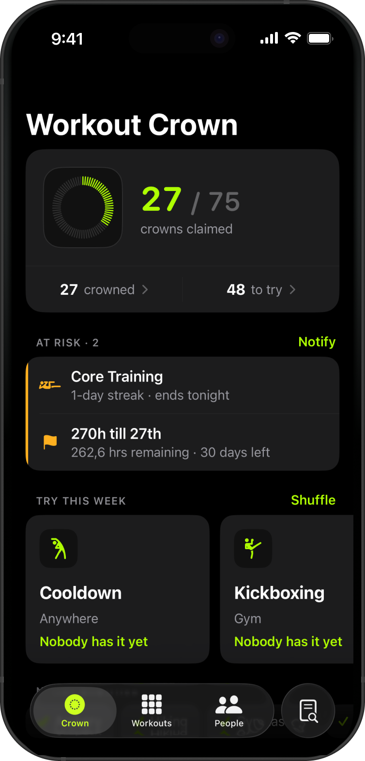 The Crown tab, showing 27 of 75 crowns claimed and one streak at risk